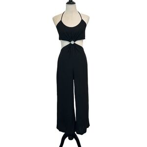 Elegant Black Fifth & Mode O Ring Black Linen Halter Jumpsuit